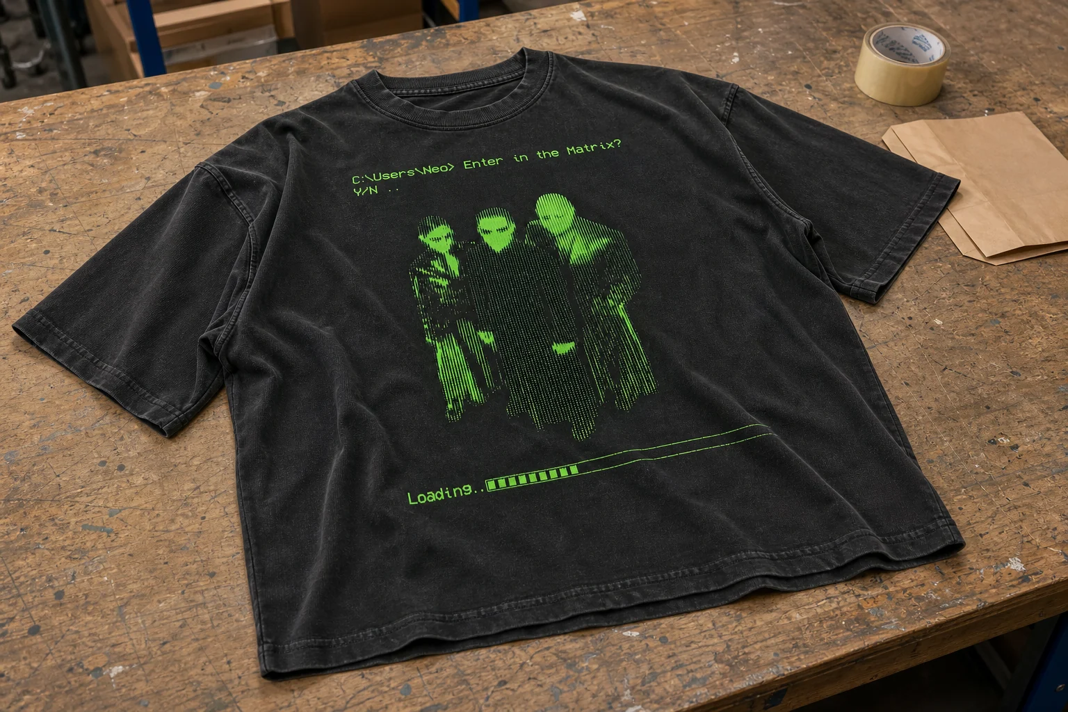 Washed black T-shirt with a bright green screen print on a worktable