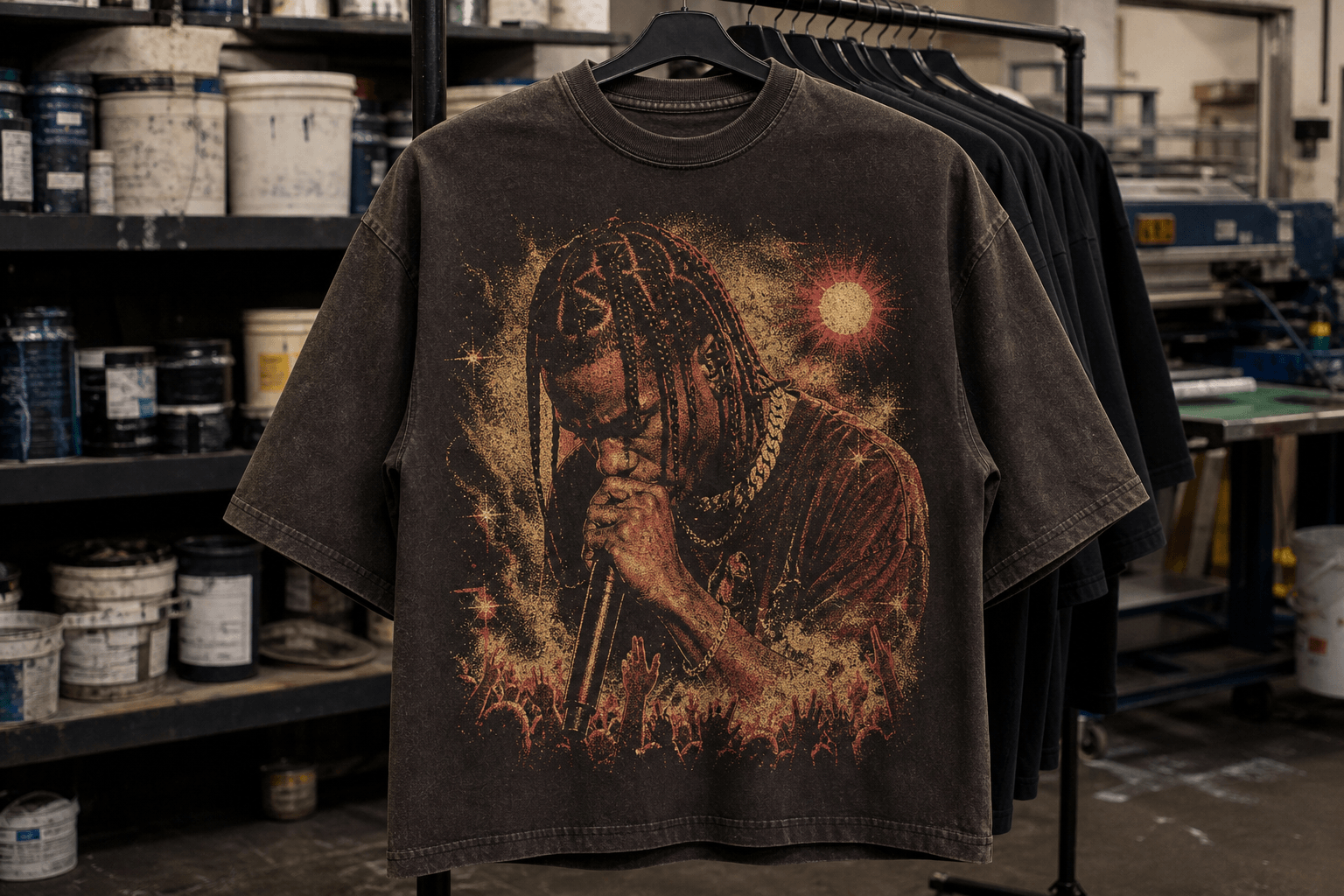 Brown washed graphic T-shirt hanging in the print studio