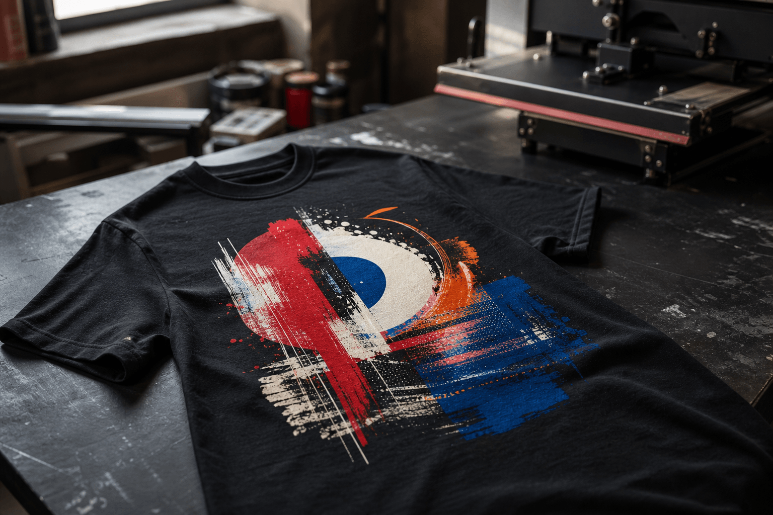 Black T-shirt with a vivid abstract full-color DTF graphic beside a heat press