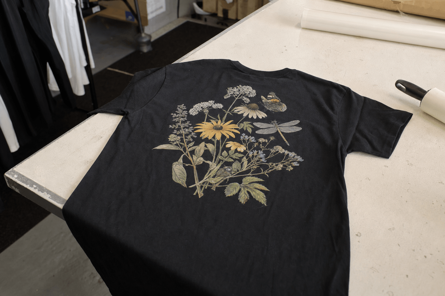 Washed black T-shirt with a detailed full-color botanical DTF print