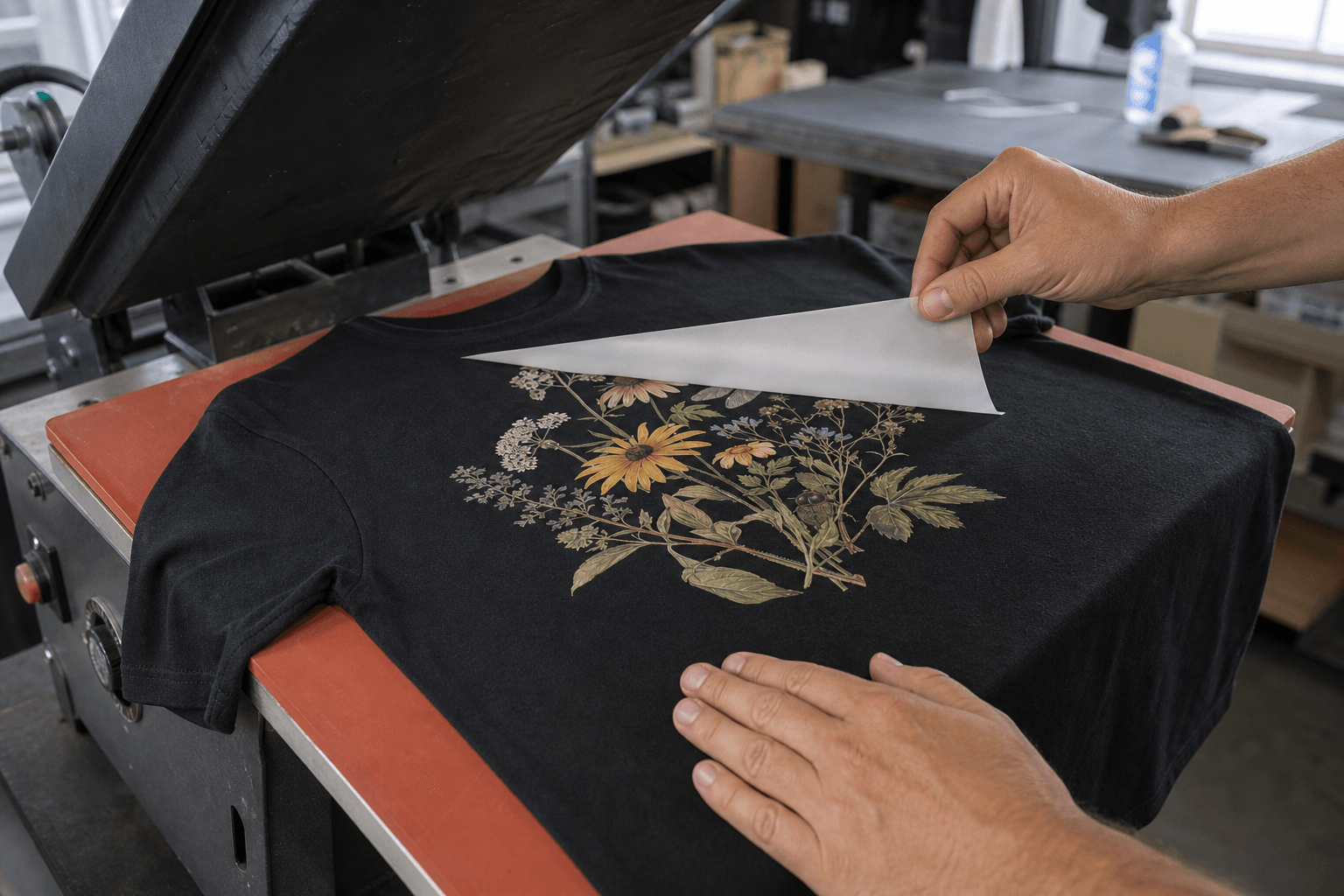 Print operator peeling the frosted carrier film from a DTF transfer on an open heat press