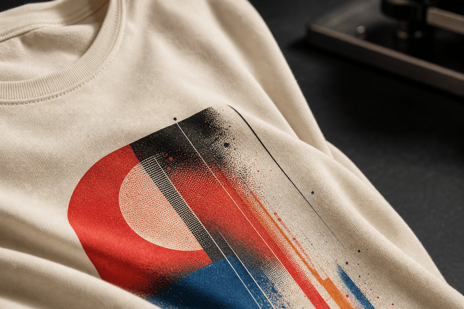 Close-up of a crisp red, blue, and black DTF print on a cream sweatshirt