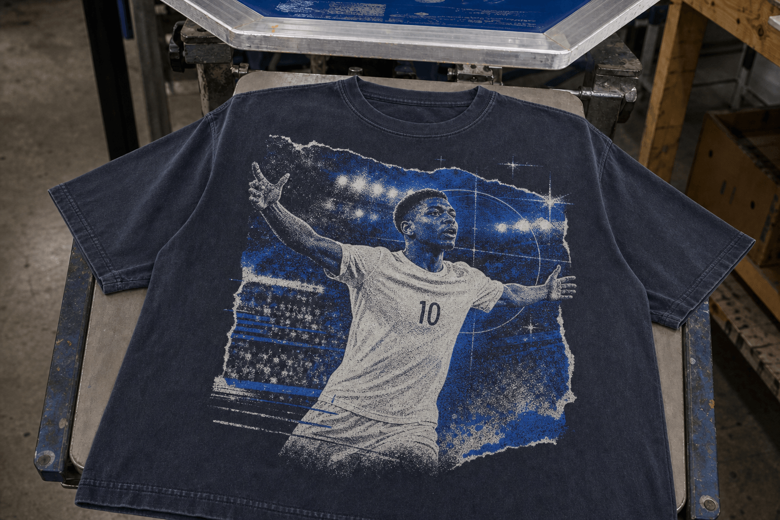 Washed navy T-shirt with a blue and white halftone football screen print