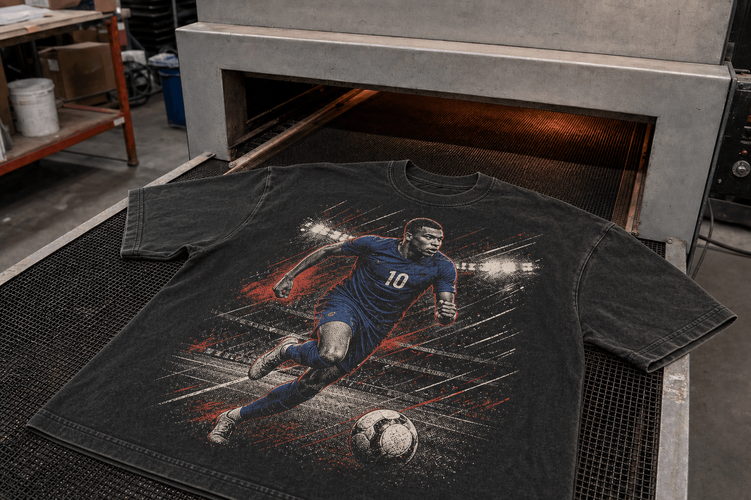 Washed black T-shirt with a red and blue football screen print on a conveyor dryer