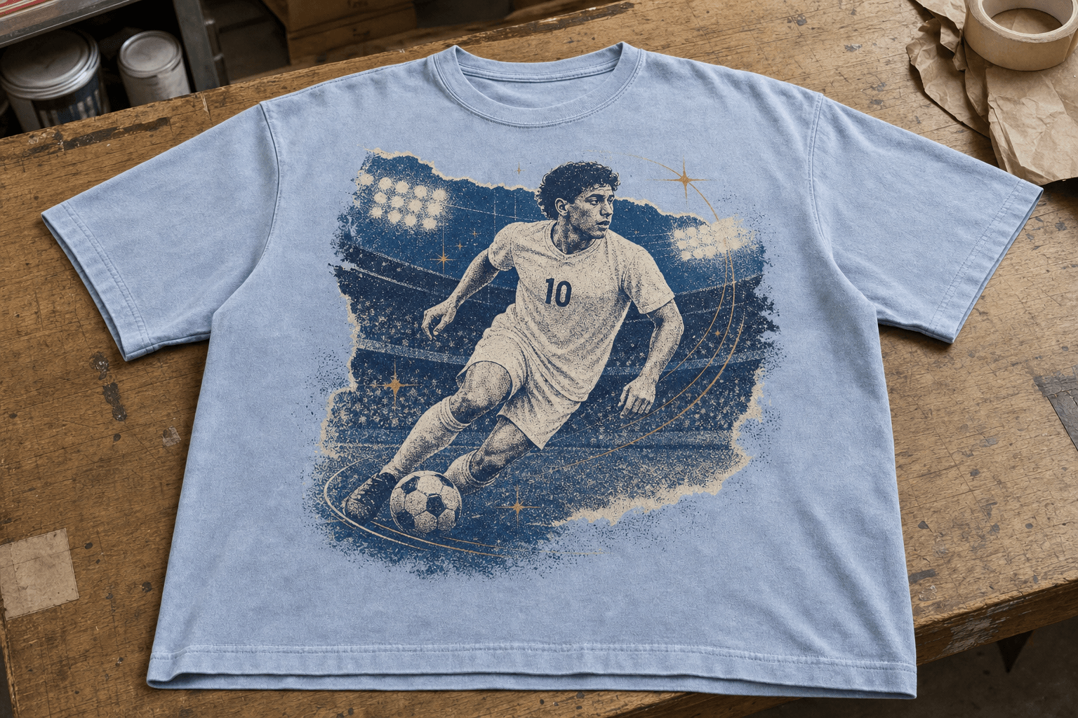 Washed sky-blue T-shirt with a navy and cream football screen print